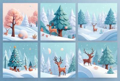 The primary subject of the image is a group of deer in a snowy environment. There are six deer in total, with some standing and others sitting in the snow. The setting is a snow-covered hillside with trees in the background. The visual style is a combination of digital art and illustration, creating a whimsical and charming atmosphere. The colors are predominantly white and shades of blue, reflecting the cold and snowy environment.